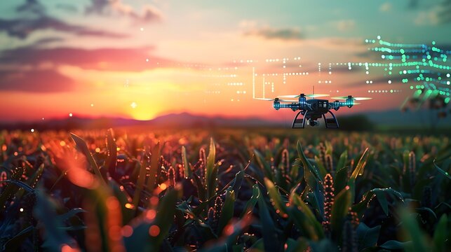 AI systems analyzing crop health through multispectral imaging, with drones capturing data and visualizing it on holographic screens. Created Using: advanced agricultural technology,