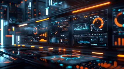 Naklejka premium AI systems generating predictions from big data, featuring holographic charts and graphs in a futuristic control room with dynamic lighting. Created Using: advanced data visualization,