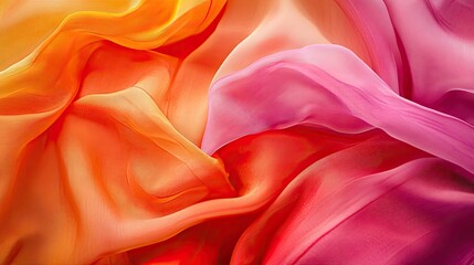 A close-up of vibrant orange and pink fabrics, draped in soft folds, creating a warm and textured background with a lively interplay of colors.