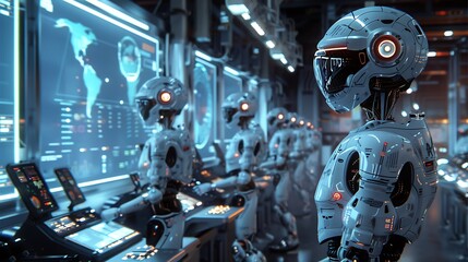 Fototapeta premium AI systems managing a smart factory, with robots performing synchronized tasks and real-time data displayed on holographic interfaces. Created Using: photorealistic rendering, high-tech design,