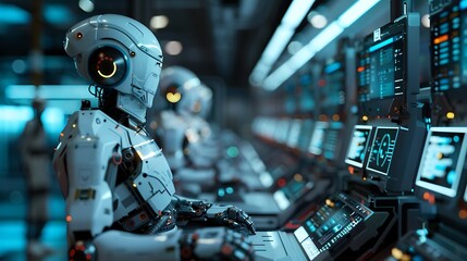 Fototapeta premium AI systems managing a smart factory, with robots performing synchronized tasks and real-time data displayed on holographic interfaces. Created Using: photorealistic rendering, high-tech design,