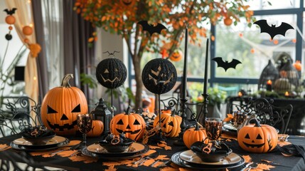 A dining area set for a Halloween party with themed decorations and table settings.
