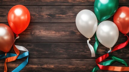 Top view of tricolor balloons and ribbons laid out on a wooden background, symbolizing Indian national pride with space for text