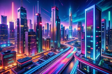Obraz premium Vibrant, modern, and futuristic urban landscape with sleek skyscrapers, colorful neon lights, and bustling streets, infinite loop design for seamless tiling and wallpaper use.