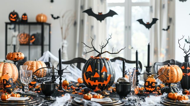 A dining table set for a Halloween party with themed decorations and tableware.