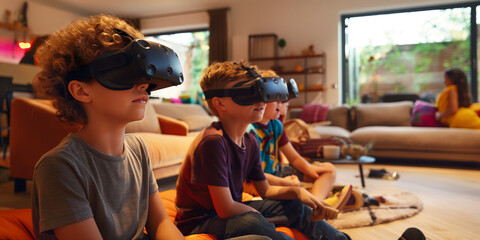 Gen Alpha kids playing games together with VR headsets, experiencing the future of gaming.
