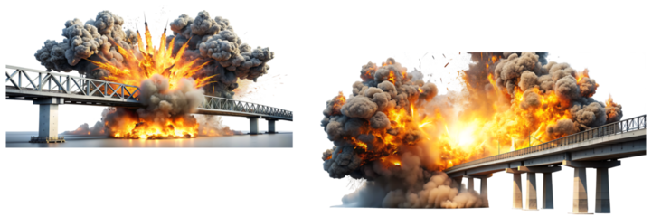 Set of bridge explosion isolated on white background.AI GENERATED 