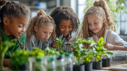 A group of four children attentively nurtures small plants, exploring nature in a bright and cheerful classroom filled with greenery
