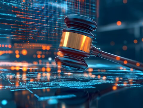 A judge's gavel resting on a futuristic digital background, symbolizing the intersection of law and technology.