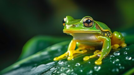 Naklejka premium vibrant green frog perched on dewy leaf after rainfall amphibian wildlife portrait photograph