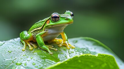 Obraz premium vibrant green frog perched on dewy leaf after rainfall amphibian wildlife portrait photograph