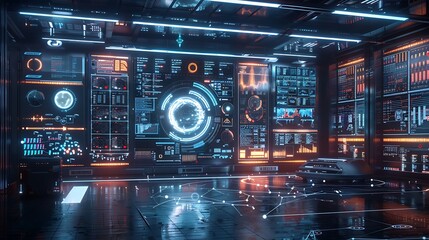 Obraz premium AI-driven language processing systems analyzing and generating text, visualized with interactive data interfaces and holographic displays in a sleek office. Created Using: advanced NLP technology,