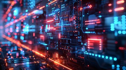 Fototapeta premium AI-driven quantum algorithms visualized in a high-tech lab, with glowing quantum circuits and interactive data displays on holographic interfaces. Created Using: advanced technology,
