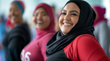 Joyful plus size hijabi women engaging in a Zumba session together in the park.