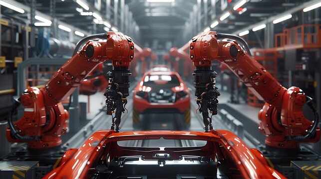 AI-driven robotic arms assembling car parts with precision, monitored by real-time quality control systems in a modern automotive factory. Created Using: advanced robotics, realistic rendering,