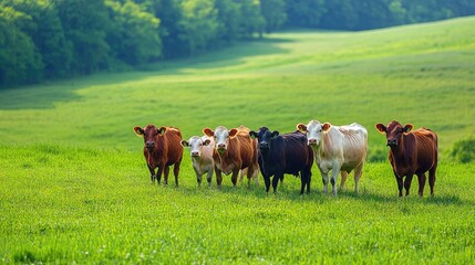 Fototapeta premium A group of cattle in a green pasture, captured in a concept banner format, illustrating the livestock agriculture industry with a focus on rural life and farming.