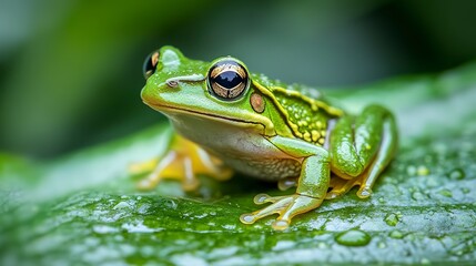 Obraz premium dewkissed amphibian vibrant green frog rests on wet leaf closeup nature photography 