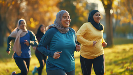 Fototapeta premium Plus sizeHijabi woman running together to lose weight in the park
