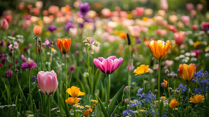 Obraz premium A vibrant field of wildflowers and tulips in full bloom, featuring a mix of orange, pink, purple, and yellow hues.