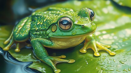 Obraz premium Green amphibian with bulging eyes perches on lily pad, water droplets glistening on vibrant skin