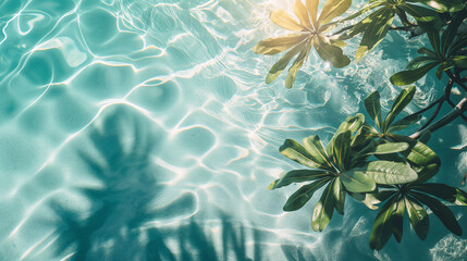 Tropical Pool with Sunlight Reflections and Palm Leaves