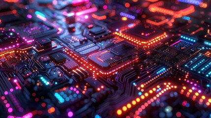 Obraz premium AI-powered quantum computer processing complex algorithms, with glowing quantum circuits and interactive holographic displays in a high-tech environment. Created Using: advanced technology,