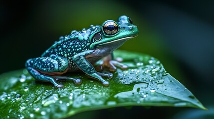 Obraz premium emerald green frog perched on glistening wet leaf vibrant amphibian wildlife closeup photo