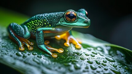 Obraz premium emerald green frog perched on glistening wet leaf vibrant amphibian wildlife closeup photo