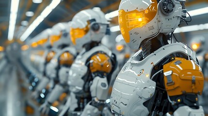 Fototapeta premium AI-powered robots performing high-precision tasks in a smart factory, with holographic displays showing real-time quality assurance data. Created Using: advanced manufacturing technology,