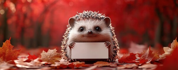 Spiky 3D cartoon hedgehog with blank leaf-shaped sign, autumn red backdrop