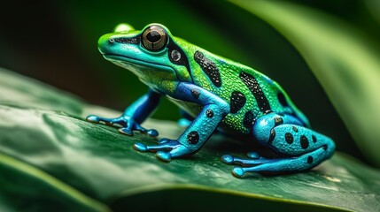 Obraz premium Vivid Green and Blue Poison Dart Frog on a Leaf. Amphibian, Rainforest, and Wildlife Photography