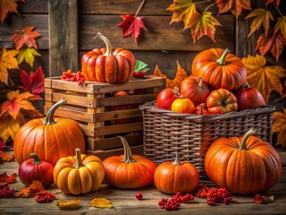 Vibrant orange pumpkins arranged artfully with crimson and amber fall leaves, surrounded by rustic wooden crates and woven baskets, evoking cozy autumn ambiance.