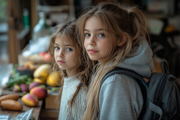 Fototapeta premium Children getting ready for school in the morning with the help of their parents. The image captures the essence of a busy and warm morning routine at home.
