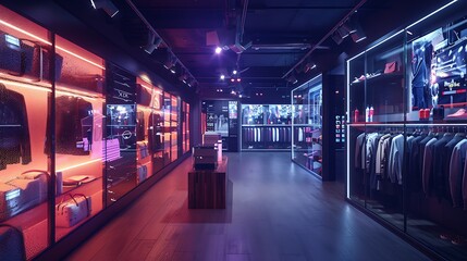 Naklejka premium An AI-driven retail store with smart mirrors offering personalized fashion advice and recommendations based on real-time data analysis. Created Using: high-tech retail design, photorealistic style,