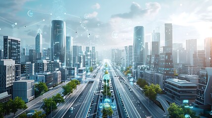 Naklejka premium An AI-driven smart city during the day, with autonomous vehicles, smart grids, and advanced surveillance systems seamlessly integrated into the urban landscape. Created Using: realistic rendering,