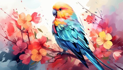 Fototapeta premium A parakeet chirping melodiously flat design top view garden theme water color Triadic Color Scheme