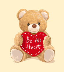 cute bear toy and all heart slogan in heart shape hand drawn vector illustration