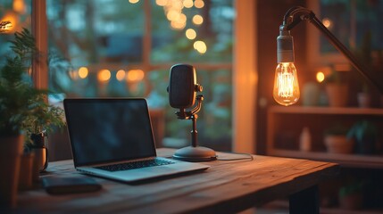 A cozy podcasting setup featuring a laptop, microphone, and vintage-style lighting on a wooden desk, surrounded by warm ambient light and indoor plants.
