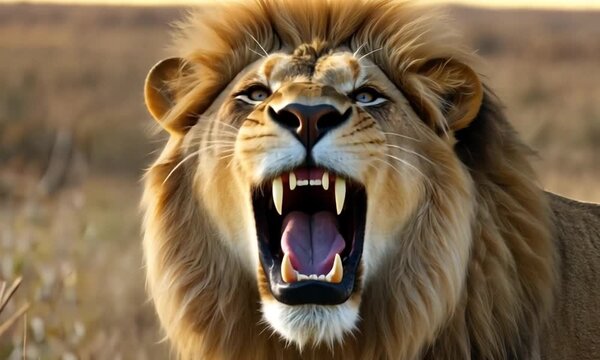 An African lion roars to show it is fierce and strong.