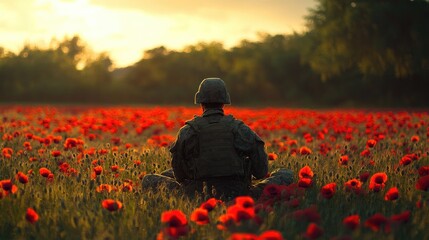 Soldier in a poppy field, sitting in silent remembrance of the fallen, with the red flowers symbolizing both loss and hope