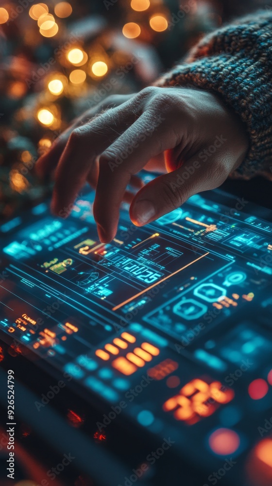 Poster a hand interacts with a vibrant digital interface, illuminated by warm lights, creating a captivatin