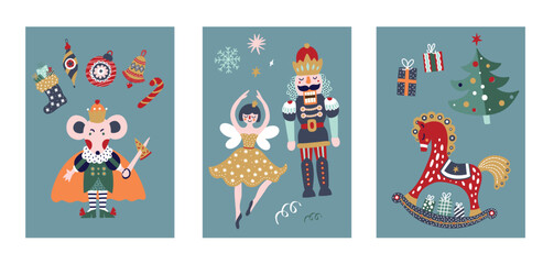 Interior poster with Nutcracker. Cute Christmas vector poster. Hand drawn illustration.