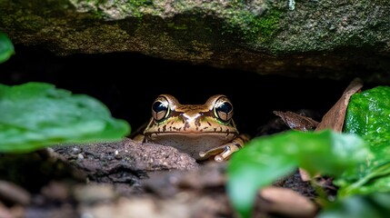 Obraz premium Inquisitive frog peeking out from its hiding place