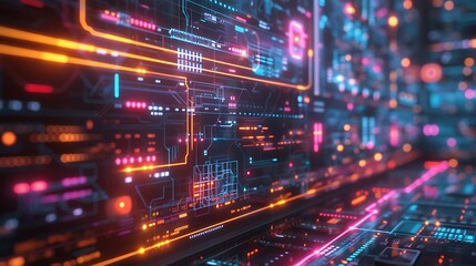 Fototapeta premium An artistic representation of machine learning algorithms working together, with flowing data lines and algorithm icons in a futuristic interface. Created Using: cybernetic art, neon lighting,
