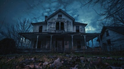 A haunted house with eerie sounds and ghostly apparitions visible through the windows.