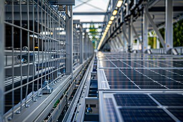 Fototapeta premium Solar Manufacturing Facility. High-tech production line for solar panels with automated equipment and quality control systems in a modern factory setting.