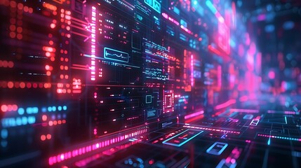 Fototapeta premium An artistic representation of machine learning algorithms working together, with flowing data lines and algorithm icons in a futuristic interface. Created Using: cybernetic art, neon lighting,