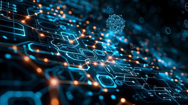 An array of machine learning algorithms represented by interconnected nodes and algorithm icons, set against a high-tech, dark-themed background. Created Using: digital illustration, vibrant colors,