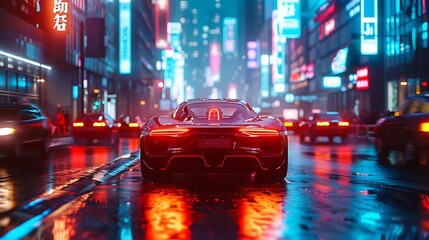 Autonomous vehicles driving in perfect harmony through a bustling metropolis, with AI sensor data and decision-making processes glowing in the background.