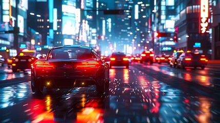 Autonomous vehicles driving in perfect harmony through a bustling metropolis, with AI sensor data and decision-making processes glowing in the background.